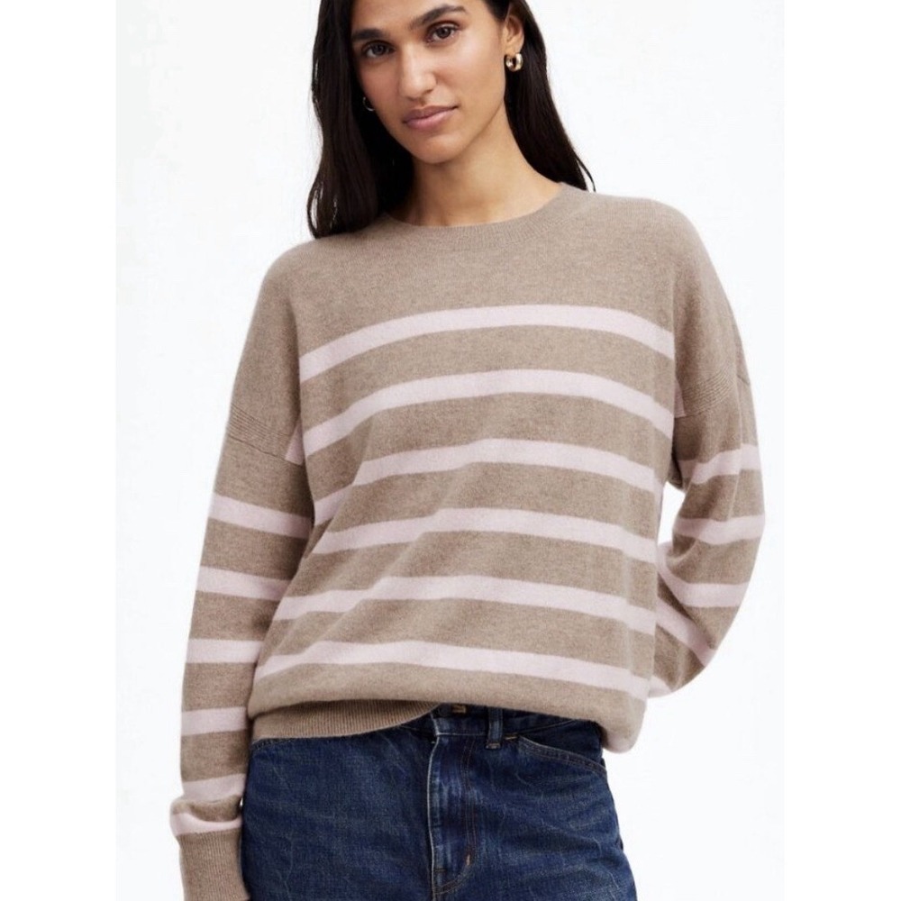 Madewell Cashmere Relaxed Crewneck Sweater Tan Pink Stripe Quiet Luxury Size XL